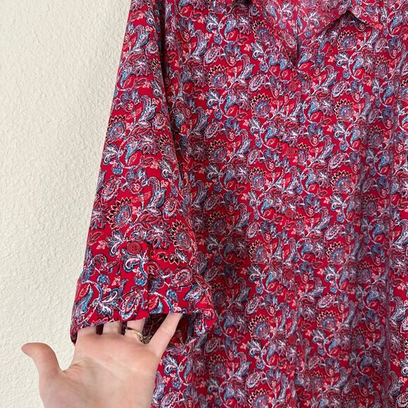 Catherines Red Floral Button Up Top 3X Roll Tab Sleeve Collared Tunic Blouse - Picture 4 of 7